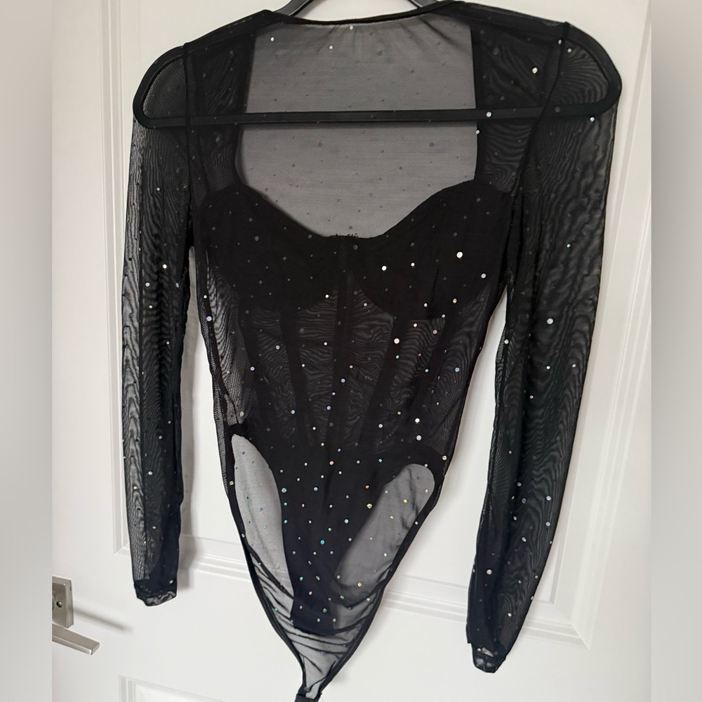Chic Black Sheer Bodysuit with Sparkling Accents